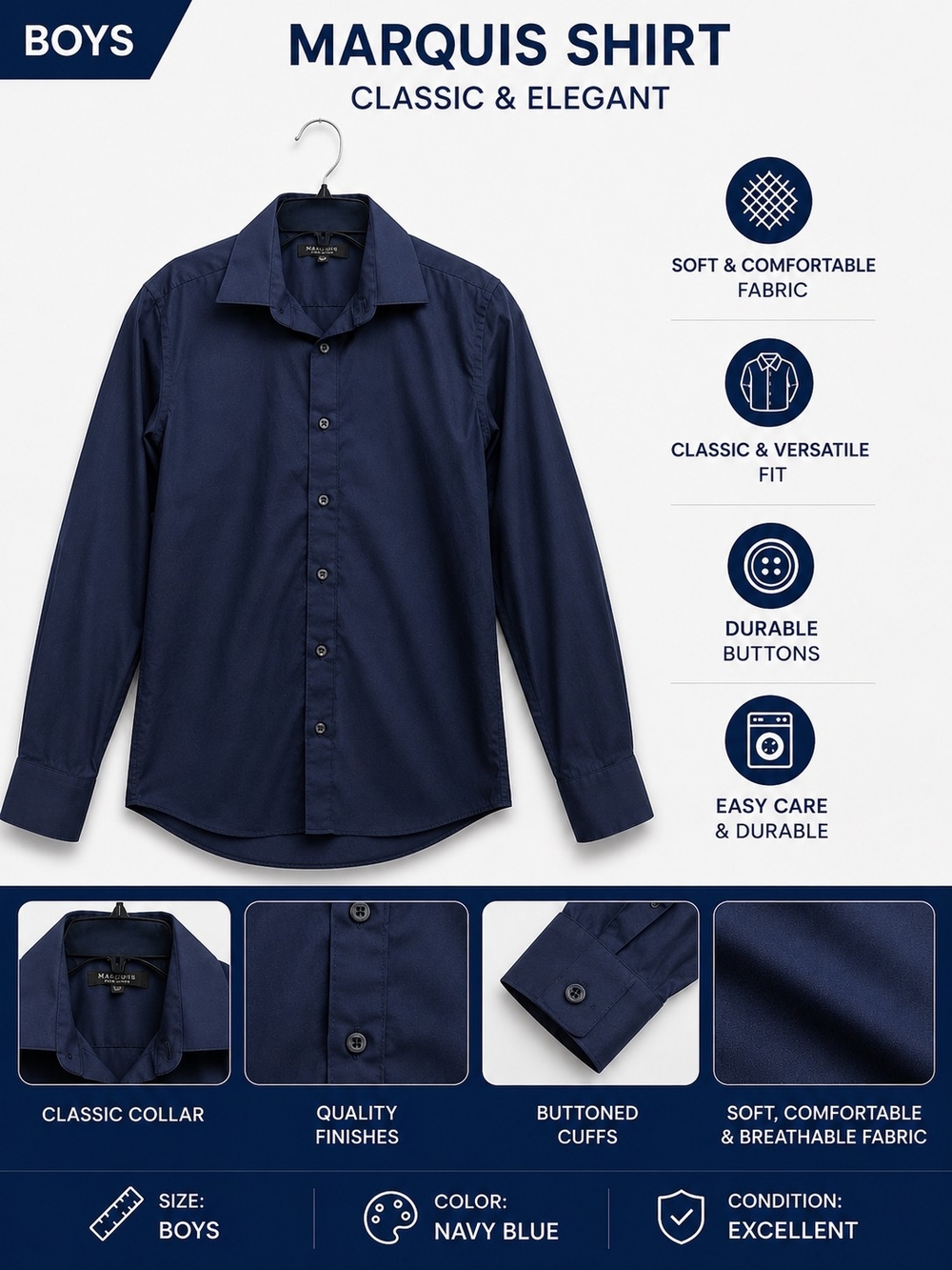 Marquise Navy Blue Boys' Dress Shirt